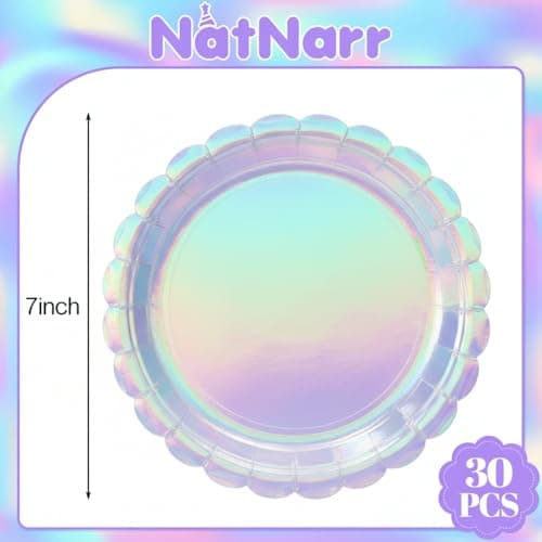 NatNarr 30 Pcs Iridescent Paper Plates Disposable 7 Inch Scalloped Holographic Plates Sliver Cake Dessert Plate for Birthday, Mermaid, Disco - Thumbnail 2