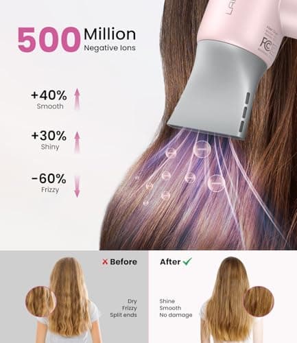 Hair Dryer,150000 RPM Ionic Blow Dryer with 500M Negative Ions, Lightweight Travel Hair Dryer with Magnetic Diffuser & Nozzle for Fast Drying, Low Noise Brushless Motor for Salon & Home Use,Pink - Thumbnail 3