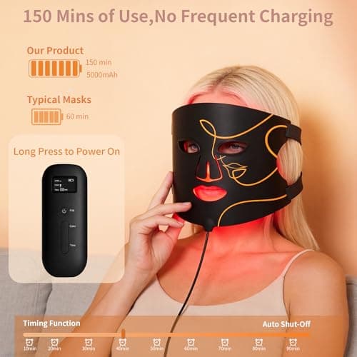 Red Light Therapy Mask for Face, Soft Silicone LED Face Mask with 4 Modes, 850nm Near Infrared and Red/Blue Light Therapy, 5000mAh Rechargeable, Adjustable Brightness & Timer for Radiant Home Skincare - Thumbnail 6