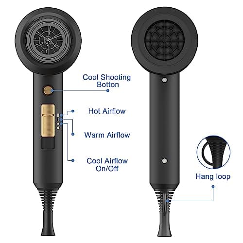 slopehill Professional Ionic Hair Dryer, Powerful 1800W Fast Drying Low Noise Blow Dryer with 2 Concentrator Nozzle 1 Diffuser Attachments for Home Salon Travel (Black) - Thumbnail 4