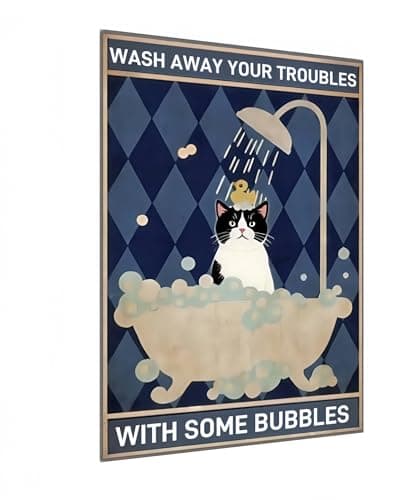 Carastora Vintage Tin Sign – Funny Bathroom Wall Decor, "Wash Away Your Troubles with Some Bubbles", Cat Metal Poster for Home, Cafe, Office, 8x12 Inch - Image 1