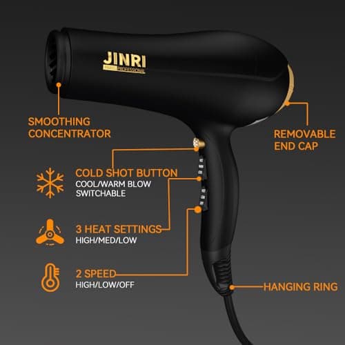 Hair Dryer - JINRI 2000W Diffuser Blow Dryer for Salon & Personal Use – Powerful, Fast Drying with Diffuser & Nozzle for Women & Men, ALCI Safety Plug, Black - Thumbnail 5