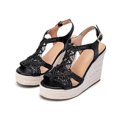 Women's Platform Wedges Sandals Jute Espadrilles for Women Ankle Buckles Dressy Comfortable Beach Wear Wedge Heels Bohemian Summer Dress Sandal for Causal Tropical Vacations Weddings sandalias de plataforma para mujer Glitter Black Size 7 - Thumbnail 6
