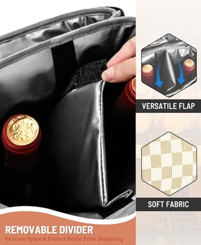 Neverwhy Insulated Wine Bag - Wine Bottle Carrier Tote Cooler Bags for Gifts Travel Picnic Beach, Khaki Checkered Pattern - 2 Bottle - Thumbnail 6