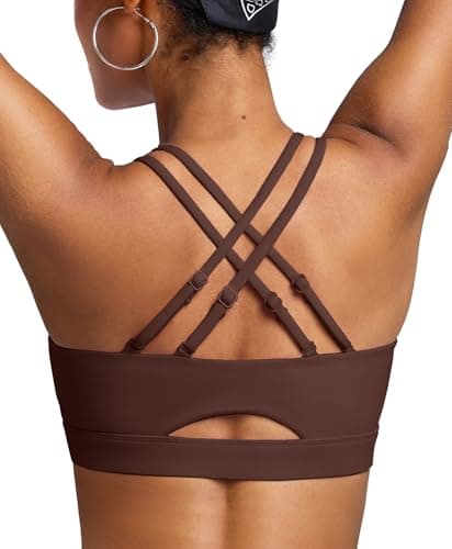 BRXL Sports Bras for Women Strappy Back Sports Bra with Padding Sewn in Adjustable Spaghetti Strap Dark Brown - Image 1
