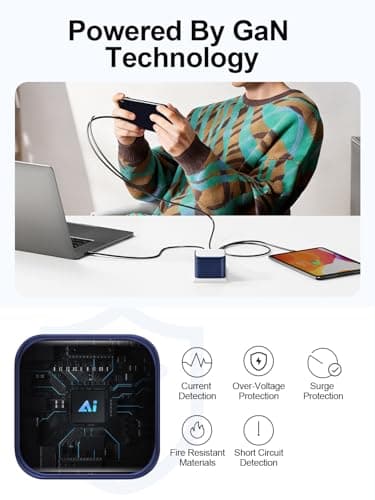 65W GaN USB-C Wall Charger with Touch-Control Night Light, 3-Port Fast Charging Power Adapter (2 USB-C + 1 USB-A), Foldable Plug, PPS Support （Blue） - Thumbnail 4