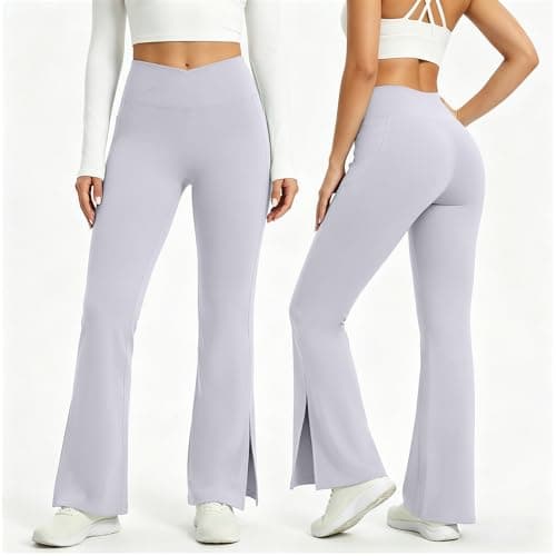 AMLEER Women's V Waist Side Split Wide Leg Yoga Leggings - High Waisted Crossover Stretchy Workout Flare Yoga Pants（Lavender, 2X-Large - Thumbnail 3