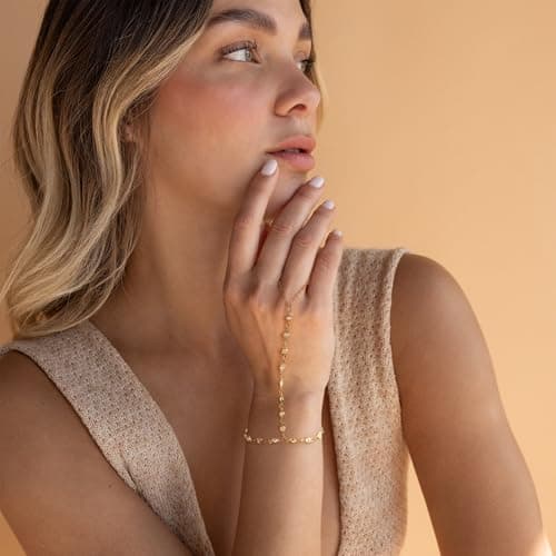 BAYLAY Hand Chain Bracelet, Ring Bracelet Hand Chain 14K Gold Plated CZ Emerald Finger Ring Slave Bracelets Dainty Gold Bracelet for Women Boho Hands Jewelry for Women Gifts Trendy Stuff - Thumbnail 4