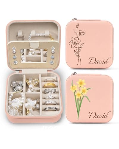 Personalized Jewelry Travel Case(with mirror) with Your Name and Birth Flower,Personalized Gifts for Women - Festival gifts, Bridesmaids Gifts, Small Travel Jewelry Box Organizer for Girls (pink) - Image 1