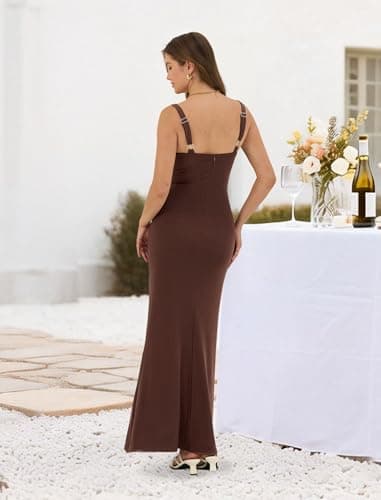 ZAFUL Brown Wedding Guest Dress Women's Sexy Dress Formal Sleeveless Cocktail Floral Mesh Ruched Bodycon Maxi Party Long Dresses - Thumbnail 2
