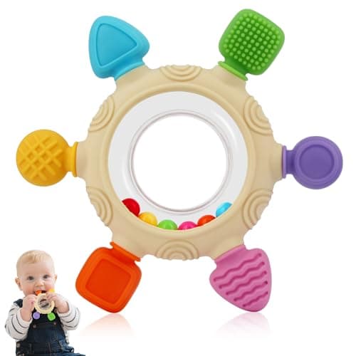 VTECHOLOGY Baby Teething Rings Toys for 0-6 6-12 Months Baby Rattle Teether Sensory Toys for Babies 0-24Months Silicone Teether Relief Chew Soothing Sore Gums for Newborn Infant Essentials BPA Free - Image 1