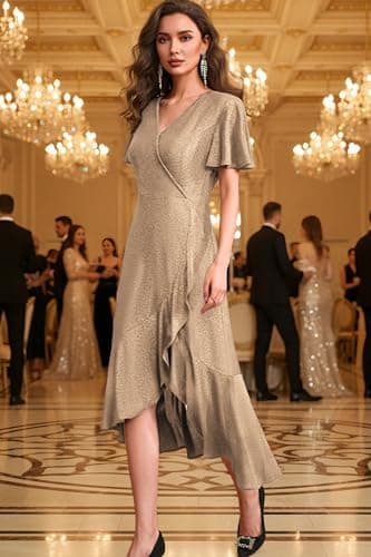 Autumn Flowerwall Women Wedding Guest Dress Sparkle Cocktail Gown Champagne Medium Lustrous Knit V Neck Flutter Sleeve A-Line Semi Formal Dresses for Women Anniversary Dinner Outfit - Thumbnail 2