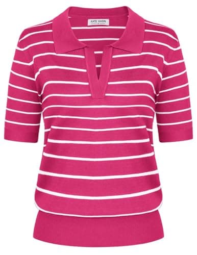 Kate Kasin Striped Short Sleeve Sweaters for Women, V Neck Knit Tops, Business Casual Polo Shirts Hot Pink White XXL - Image 1