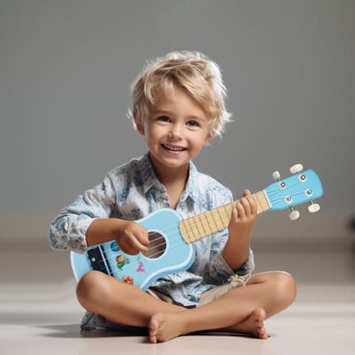 WoodenEdu Kids Guitar for Girls, Wooden Musical Instruments Toys with Ukulele, Tambourine, Maracas, Harmonica, Mini Band Sets for Toddlers 2 3 Years Old Birthday Gift (Blue for Boys) - Thumbnail 6