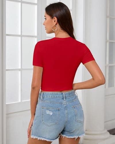 Abardsion Women's Baby Tees Slim Fit Crew Neck Short Sleeve Crop Tops - Basic Y2K T Shirts for Summer Daily Wear & Workout Bright Red Large - Thumbnail 4