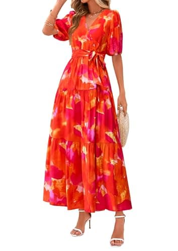 PRETTYGARDEN Women's Summer Maxi Dress 2026 Resort Wear Boho Floral V Neck Puff Short Sleeve Ruffle Flowy Beach Long Dresses(Floral Orange,XX-Large) - Image 1