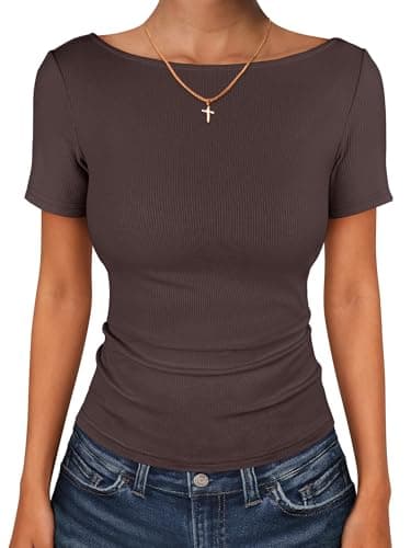 ANRABESS Women's Boat Neck Short Sleeve Top, Ribbed Knit Fitted T Shirts, All-Day Comfy for Work, Daily & Summer Tee Shirts Brown Medium - Image 1