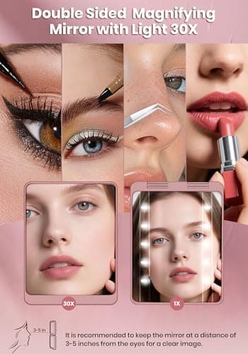 Compact Mirror, Rechargeable 30X Magnifying Mirror with 3 Lighting Modes & Dimmable Brightness, Portable Travel Makeup Mirror with Light, Essentials for Travel, Pocket, Purse, Gifts for Women Rose - Thumbnail 2