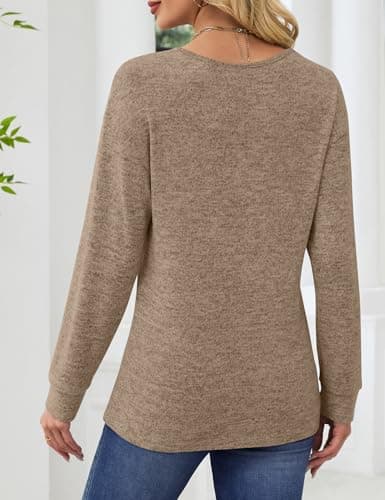 JUSTFASHIONNOW Tops for Women Trendy Long Sleeve Shirt V Neck Tunic Tops Loose Fit Dressy Plus Size Blouses Fall Sweaters Basic Tees Winter Clothing 2025 (Brown,XX-Large) - Thumbnail 6