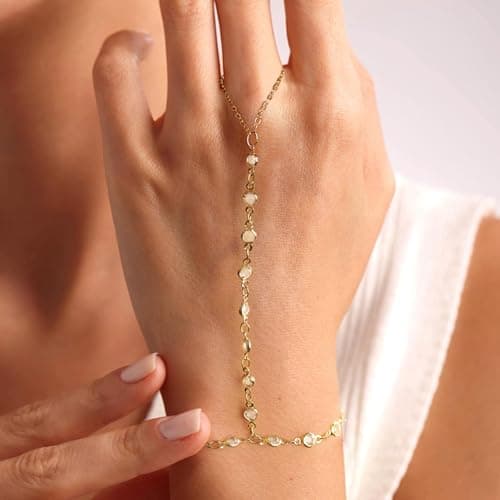 BAYLAY Hand Chain Bracelet, Ring Bracelet Hand Chain 14K Gold Plated CZ Emerald Finger Ring Slave Bracelets Dainty Gold Bracelet for Women Boho Hands Jewelry for Women Gifts Trendy Stuff - Thumbnail 2