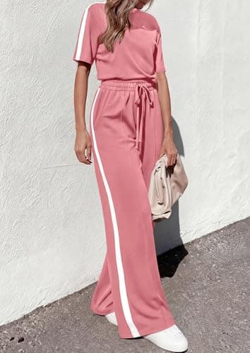 PRETTYGARDEN Women's 2 Piece Sets Summer Casual Short Sleeve Tops Wide Leg Pants Matching Lounge Set Vacation Travel Outfits (Pink,XL) - Thumbnail 6