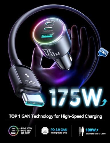 JOYROOM 175W USB C Car Charger Fast Charging, 3-Port Car Phone Charger PD100W+45W+USB30W Type C Car Charger Adapter with 100W USBC Cable Compatible with iPhone 16 Pro Max/16e, Samsung, iPad, Laptop - Thumbnail 2