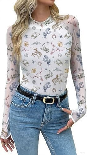 Mesh Long Sleeve Shirts for Women See Through Graphic Tees Sexy Costumes Y2k Mock Christmas Party Outfits Western Rodeo Tops - Image 1