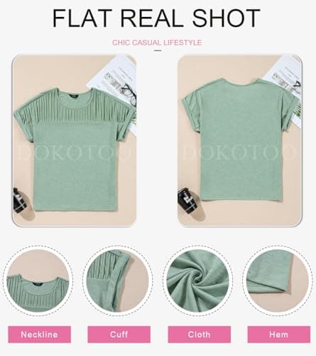 Dokotoo Womens Plus Size Tops for Women Summer Fashion Crewneck Short Sleeve Solid Casual T-Shirts Basic Work Business Loose Fit Pleated Tee Shirts Comfy Texture Summer Tops Blouses Green XL - Thumbnail 5