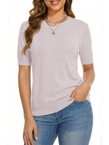 LaGracia Short Sleeve Sweater for Women Wool Blend Crewneck Business Casual Pullover Lightweight Sweaters Apricot S - Image 1