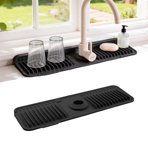ZJWZLG Faucet Mat for Kitchen Sink, 17.7"X5.5" Silicone Sink Splash Guard , Snap-On Design & 7°slope Fast Drain, Folding Sink Faucet Mat for Universal Kitchen Bathroom Sink(Black) - Image 1