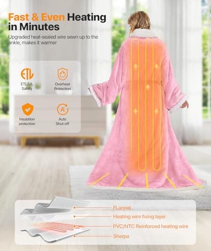 SIHOHAN Heated Throw Blanket Wearable Blanket Throw with Foot Pockets, Sleeves Flannel & Sherpa Wearable Blanket 8 Heating Levels & Timer Snuggle Blankets for Home Office-Electric Blanket 50*60" Pink - Thumbnail 4
