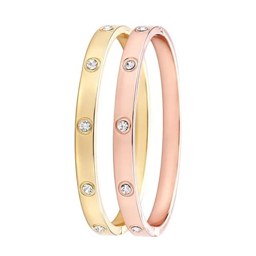 2 Pack 18K Gold Plated Zinc Alloy Love Couple Bangle Bracelets for Women, Shiny Rhinestone Inlaid Fashion Bangle, Dainty Trendy, Waterproof, Non Tarnish, Fashion Jewelry Accessories, Gift Idea for Mother's Day, Valentine's Day, Christmas and Birthdays （Gold & Rose Gold） - Image 1