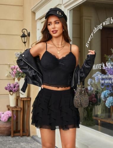 Avidlove Mini Skirt Mesh Ruffled Women's Skirts Y2K Casual Concert Outfit Black XS - Thumbnail 5