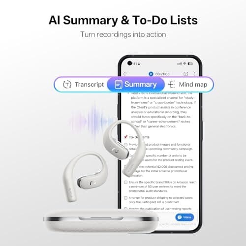 viaim OpenNote Professional AI Note Taker Earbuds, MFi Certified Open-Ear Voice Recorder, 53H Battery, Instant Call & Meeting Recording, Live Transcription & AI Summary, IP55, Gray - Thumbnail 4