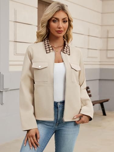 UEAL Spring Jackets For Women Trendy 2026 Summer Lightweight Zip Up Casual Jacket Coats X-Large Khaki - Thumbnail 2