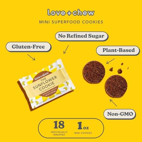 Love + Chew Mini Vegan Cookies, Gluten Free, 4g Plant Based Protein Per Cookie, Healthy Snacks for Adults or Kids, Refined Sugar Free, Individually Wrapped, Sunflower Seed Based Banana Bread, 18 Pack - Thumbnail 3