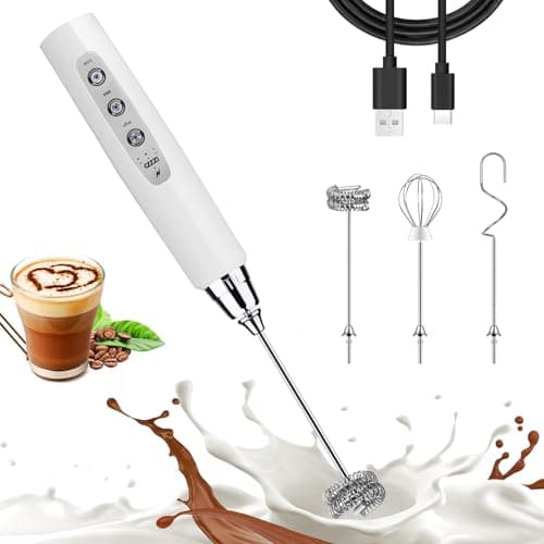 Nahida White Milk Frother Wand for Coffee, Frother Handheld Rechargeable Electric Whisk with 3 Heads 3 Speeds Drink Mixer Coffee Frother Foam Maker For Latte, Cappuccino, Hot Chocolate, Egg - Image 1