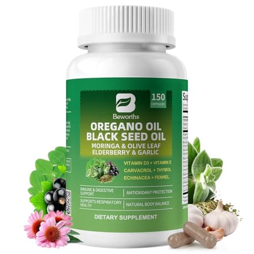 Oil of Oregano with Black Seed Oil - Oregano Oil Capsules Organic | Moringa, Garlic, Olive, Elderberry, Echinacea, Fennel - 95% High Carvacrol Oregano Support Immune, Digestive | 150 Capsules Non-GMO - Image 1
