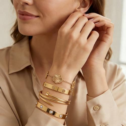 Stackable Gold Bracelets for Women - 4 Sets, 18K Gold Plated Bracelets, Stainless Steel Bangle Bracelets Non-Tarnish, Stylish Gold Jewelry Ensemble, Valentine's Day, Birthday and Christmas Jewelry Gifts - Thumbnail 4