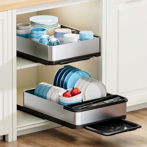 Ewaiira Stainless Steel Dish Drying Rack with Drainboard, Pull Out Cabinet Organizer 12.6" Wx16.5 D, Heavy Duty Slide Out Drawers for Plates, Kitchen Cabinets Pantry Storage - Image 1