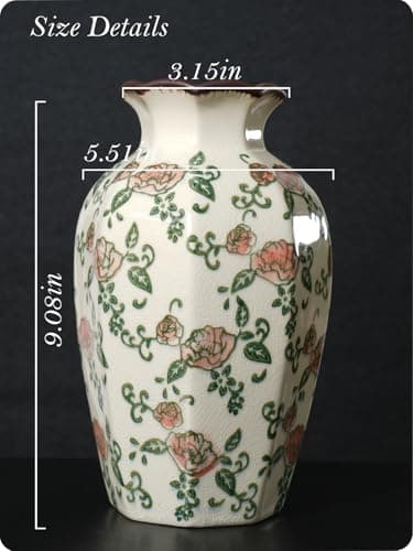 SJIE Vintage Ceramic Vase - 9 Inch Hand-Painted Roses with Ice Crackle Glaze Finish, American Farmhouse Style Pitcher Vase for Home Decor, Centerpiece, Shelf, Table, Office, Rustic Wedding Gift - Thumbnail 6