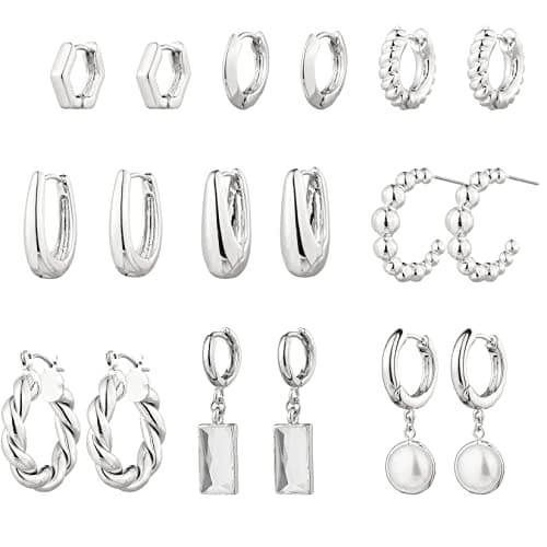 9 Pairs Gold Chunky Hoop Earrings Set for Women, 14K Gold Plated Twisted Huggie Hoop Earring Hypoallergenic, Lightweight Thick Open Hoops Earrings Jewelry Gifts. (A-9 Silver Hoop Earrings) - Image 1