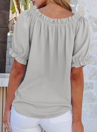 EVALESS Short Sleeve Shirts for Women Dressy Tops Smocked Off The Shoulder Chiffon Blouses Spring Summer Clothes Fashion 2026 Business Casual Outfits Work Gray Shirts Ladies Tops and Blouses, X-Large - Thumbnail 4