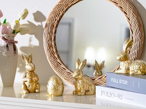 Gleemoria Easter Bunny Decorations for Home – 4 Pieces Resin Gold Bunny & Egg Figurines Set, Gold Decor for Tabletop Display & Home Decorations, Vintage Easter Rabbit Statue - Thumbnail 2