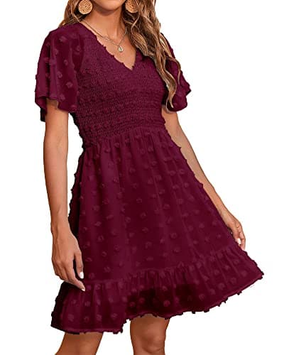 BTFBM Womens Beach Vacation Dress Summer 2026 V Neck Short Sleeve Smocked Swiss Dot Ruffle Casual Mini Spring Dresses(Wine Red, Large) - Image 1