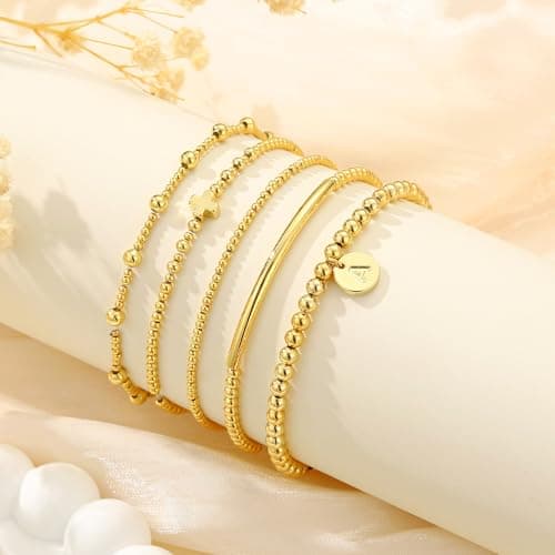 Turandoss 5PCS Cross Beaded Bracelets for Women Jewelry Gifts - Dainty 18K-Gold-Plated Letter A Initial Bracelet Cross Bracelets for Women Layered Stretch Bead Stackable Bracelet Jewelry Set Gifts - Thumbnail 6
