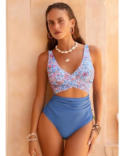 GRAPENT Womens Swimsuit Swim Suit Modest Swimsuits Cutout One Piece Women Bathing Suits Floral Wear One Piece Swimsuit Women, Mykonos Blue Pink Floral, XL, US Size 16 to 18 - Thumbnail 6