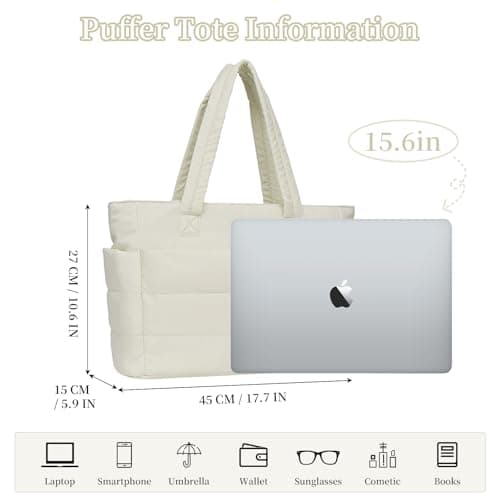 JHhomezeit Puffer Tote Bag for Women-Large Work Tote Bags Quilted Lightweight Puffy Bags Shoulder Bag with Laptop Compartment Beige - Thumbnail 3