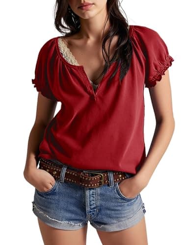 Women Deep V Neck Low Cut Tops Casual Henley T-Shirts Summer Ruffle Short Sleeve Tees Red - Image 1