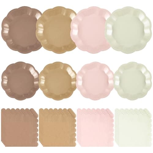 NatNarr Brown Plates and Napkins Set, Boho Baby Shower Decorations Include 7" & 9" Scalloped Gradient Brown Plates, Napkins for Wedding, Baby Bridal Shower, Birthday